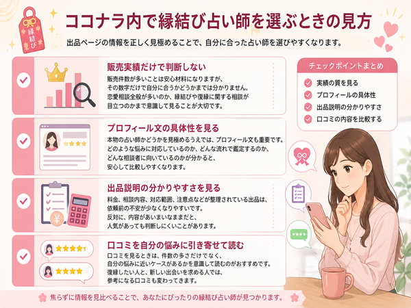 ココナラ内で縁結び占い師を選ぶときに販売実績やプロフィール、口コミを確認するイメージ